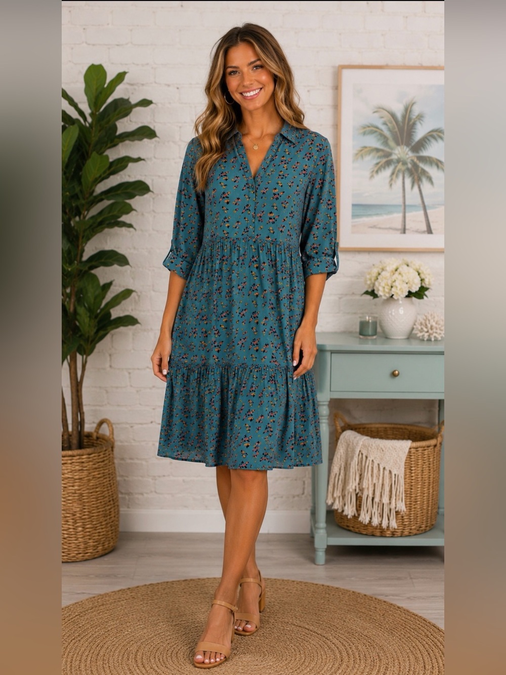 NATURAL LIFE TEAL COTTAGECORE FLORAL COLLAR SHORT SLEEVE DRESS SIZE XXL FALL